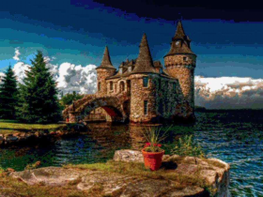 крепость - природа, цветы, река, пейзаж, море, живопись, картина - предпросмотр