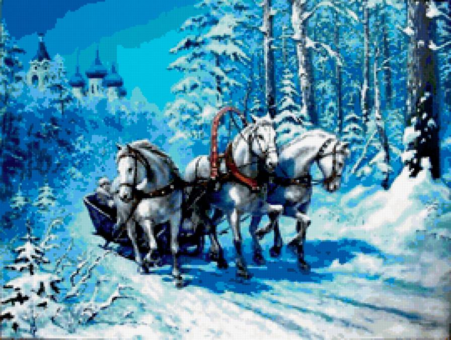 тройка - картина, фауна, природа, животные, птицы.зима.лошади - предпросмотр