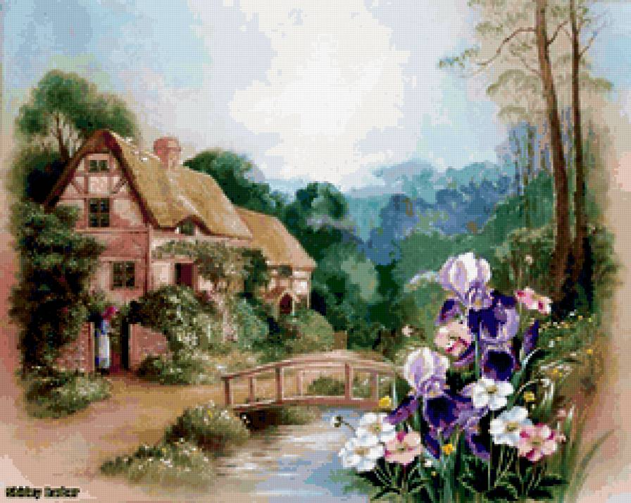 Пейзаж - ирисы, дом, пейзаж, цветы - предпросмотр