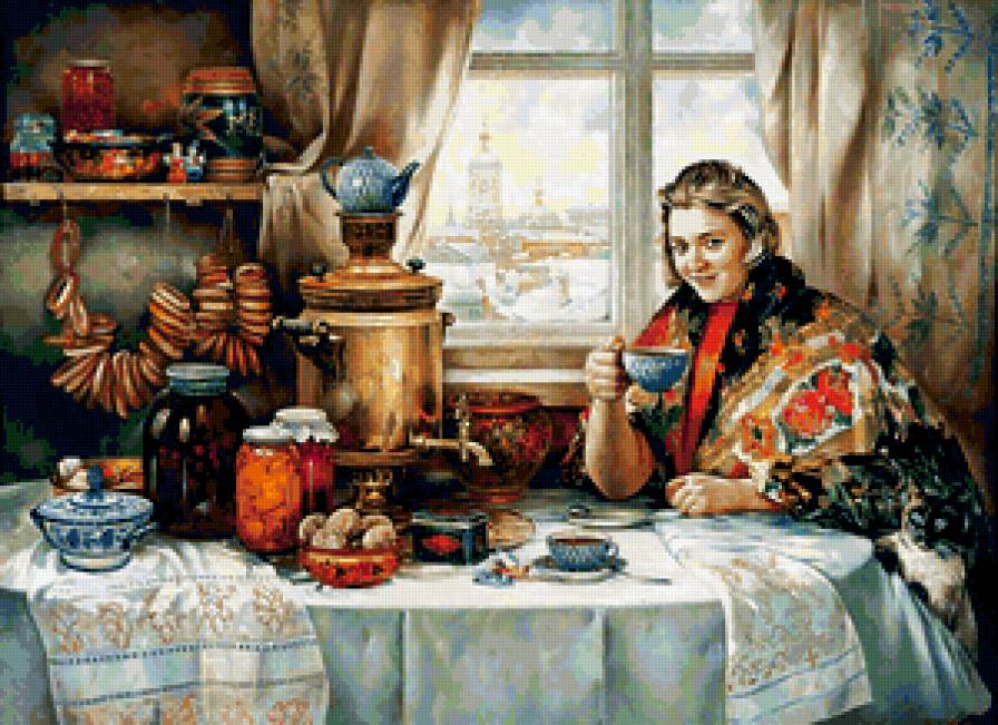 Не попить ли нам чайку... - девушка, самовар, люди - предпросмотр