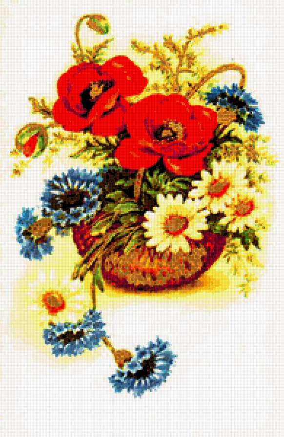 Маки, васильки, ромашки - флора, винтаж, васильки, ромашки, маки, цветы, букет, ретро - предпросмотр