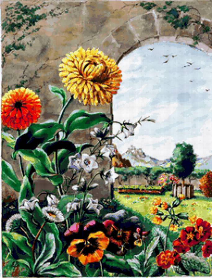 Пейзаж с цветами - цветы, циния, анютины глазки, природа, колокольчики, пейзаж, лето - предпросмотр