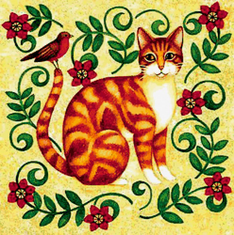 Кошечка - птичка, цветы, кошечка - предпросмотр
