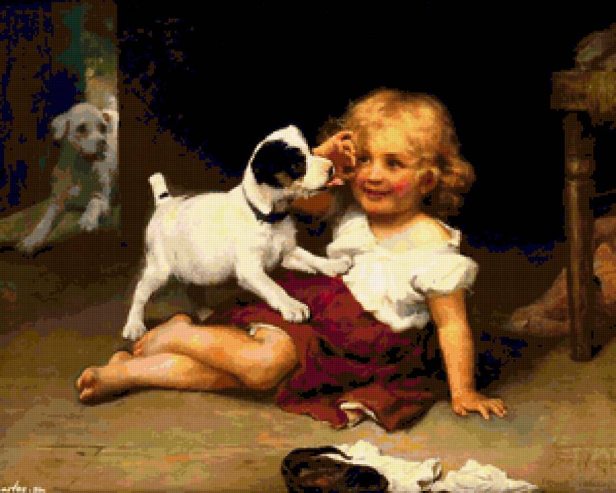 №275868 - картина, девочка, игра, собаи - предпросмотр