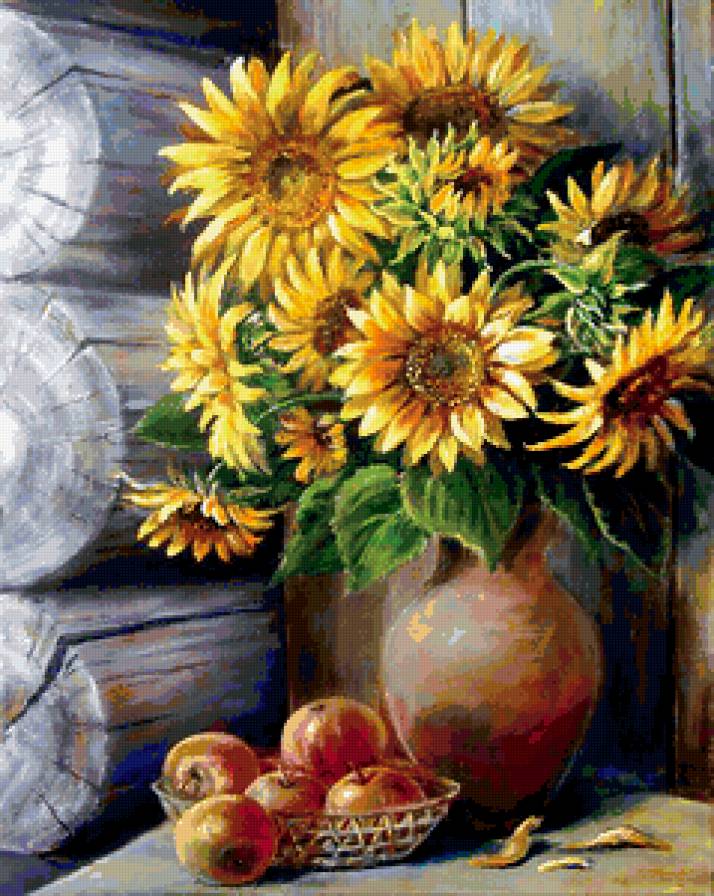 Подсолнухи - яблоки, букет, подсолнухи, цветы, натюрморт - предпросмотр