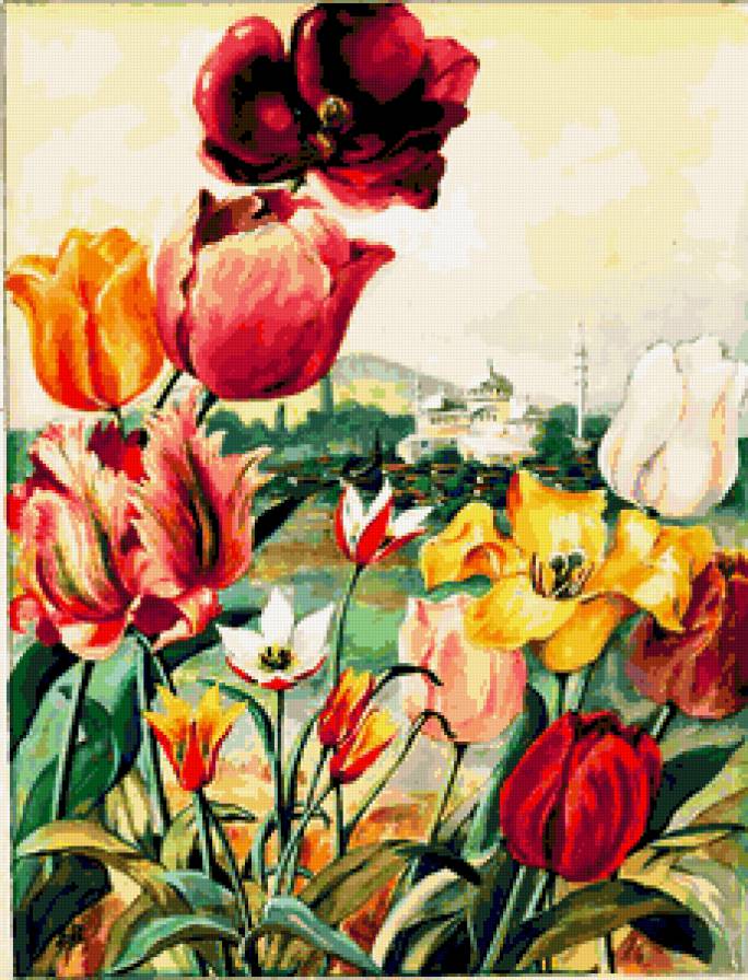 Весенний пейзаж - домики, флора, лотосы, лето, цветы, тюльпаны, природа, пейзаж,  - предпросмотр