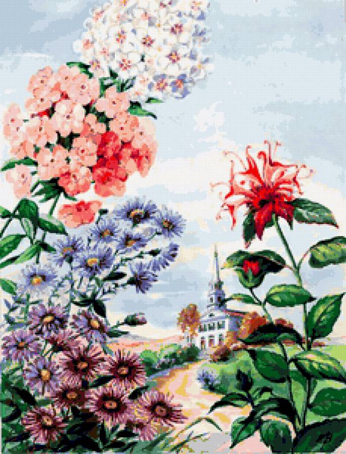 Цветочный пейзаж - природа, домики, пейзаж, флора, хризантемы, лето, цветы - предпросмотр