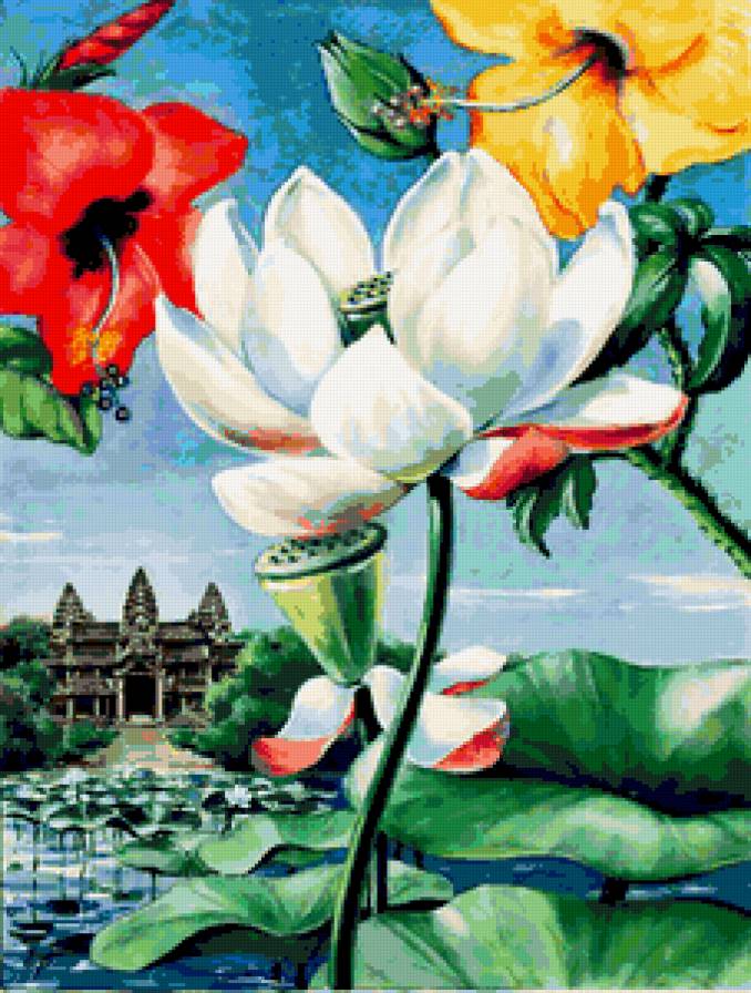 Лотосы - лотосы, лето, пейзаж, флора, природа, домики, цветы, лотос - предпросмотр