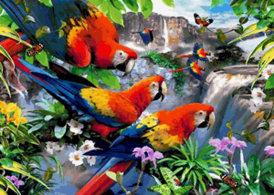 Райский Уголок - река, пейзаж, попугаи, природа, водопад, деревя - предпросмотр