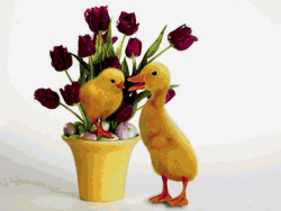 Утенок с цыпленком - цветы, утки, животные, цыплята - предпросмотр