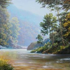 Пейзаж, лес, река, горы