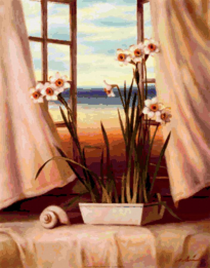 окно - цветы, нарциссы, окно - предпросмотр