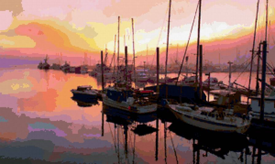 Пирс - лодки, закат, вода - предпросмотр