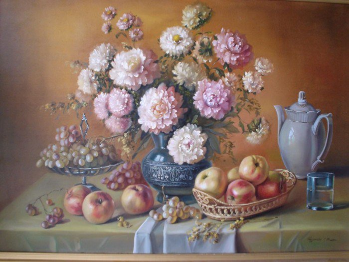 натюрморд - цветы, яблоки - оригинал