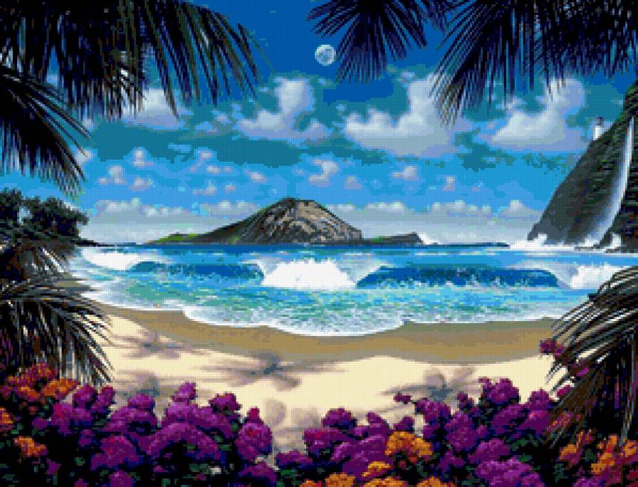 Морской Пейзаж - пейзаж, тучи, небо, горы, цветы, пальмы, моле, берег, волны - предпросмотр