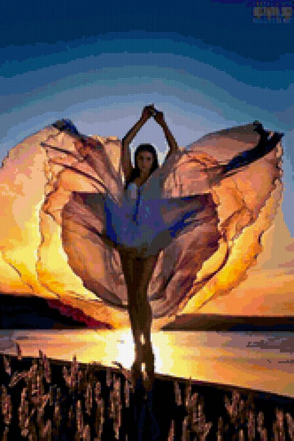 силуэт - девушка, закат, синее - предпросмотр