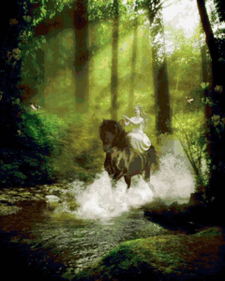 №284361 - ручей, конь, лес, всадница, брызги - предпросмотр