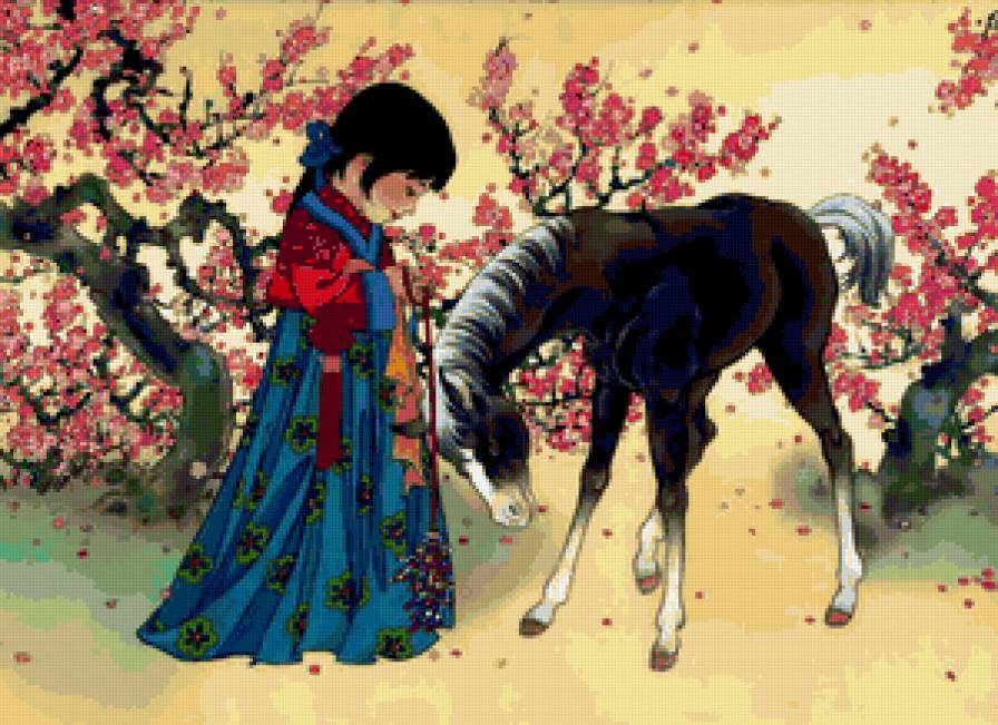 Друзья - китай, животные, лошадь, ребенок, цветы, девочка, жеребенок - предпросмотр