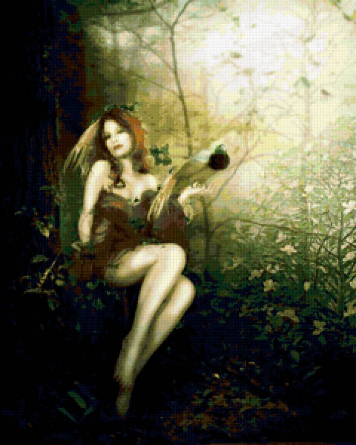 дриада - лес, нимфа, колдунья, девушка, дриада, птицы, деревья - предпросмотр