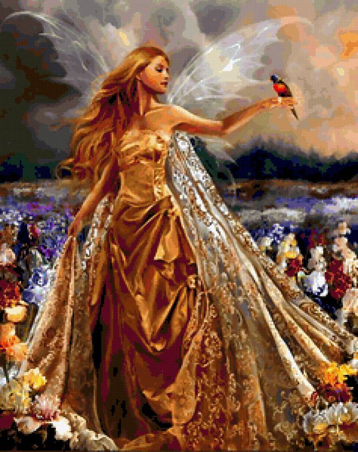 Фея с птицей - птицы, феи, волшеюницы, фентези, цветы - предпросмотр