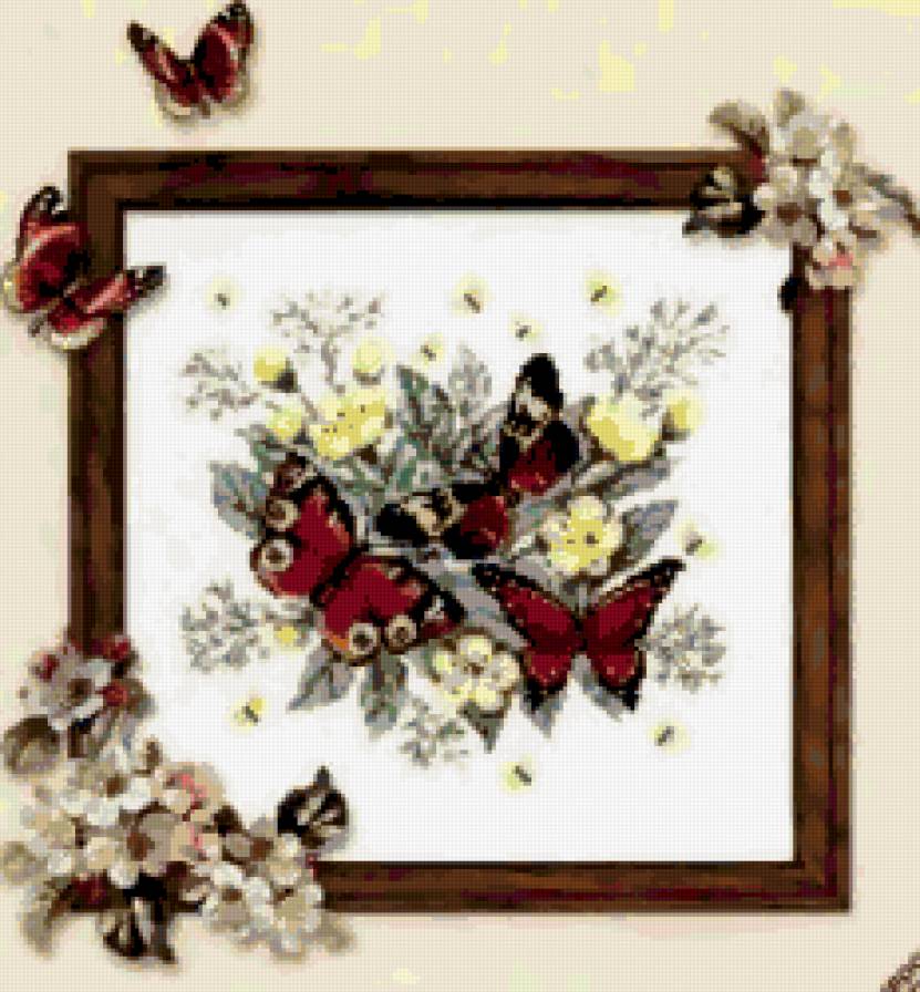 Картина с бабочками - цветы, бабочки - предпросмотр