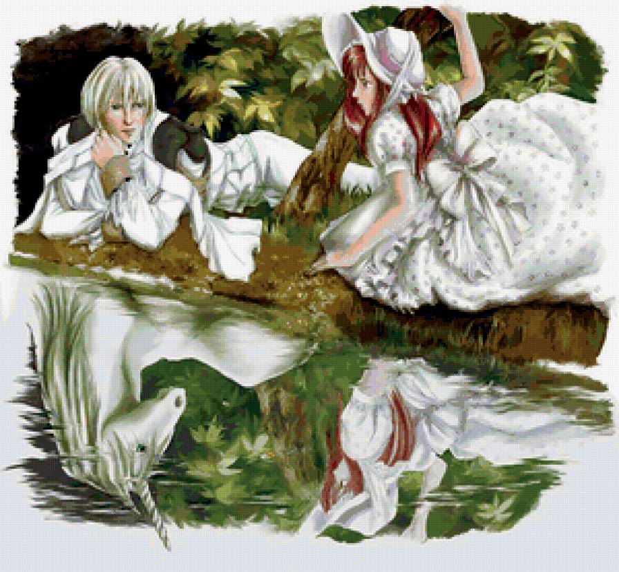 серия "единороги и пегасы" - парень, девушка, лес, озеро, единорог - предпросмотр