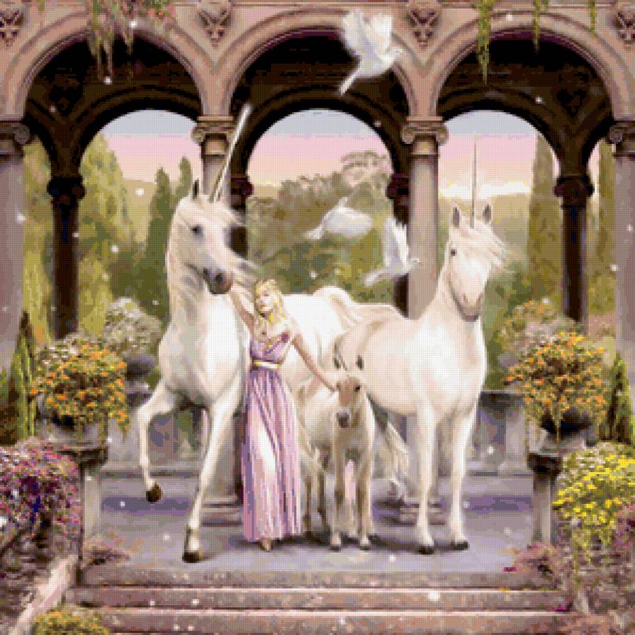 серия "единороги и пегасы" - девушка, единороги, замок - предпросмотр