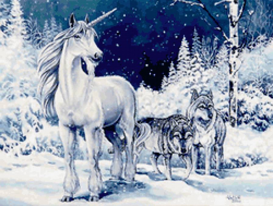 серия "единороги и пегасы" - единорог, волки, лес - предпросмотр