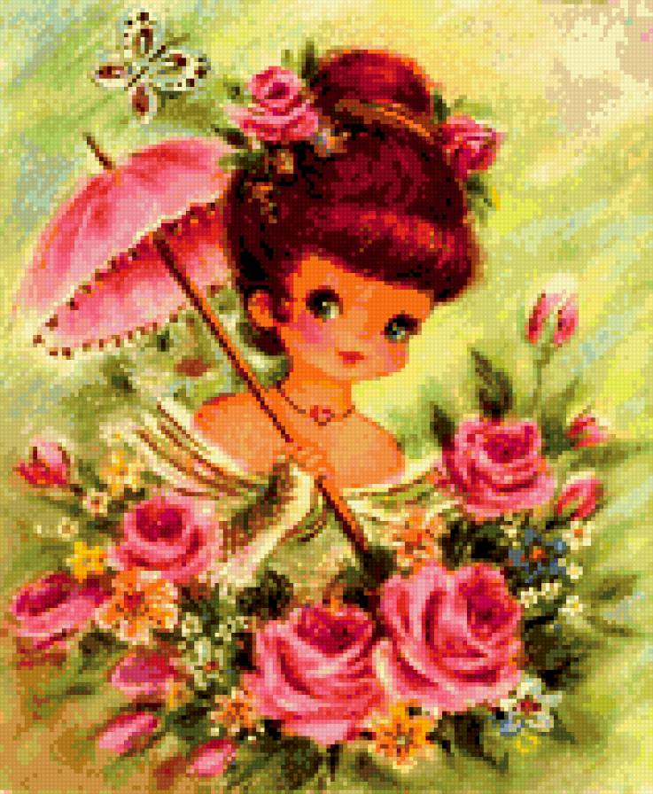 барышня в розах - ретро открытки - предпросмотр