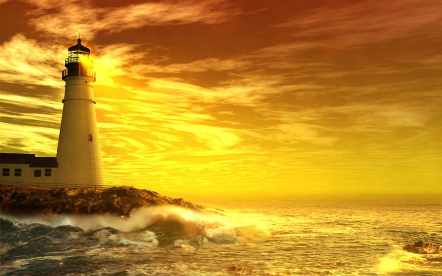 Маяк - волны, маяк, море, закат - оригинал