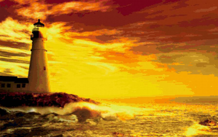 Маяк - волны, маяк, закат, море - предпросмотр