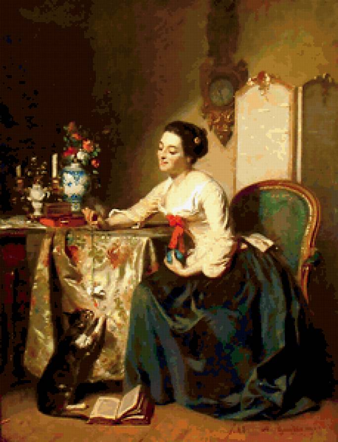 картина - ширма, кошка, девушка - предпросмотр