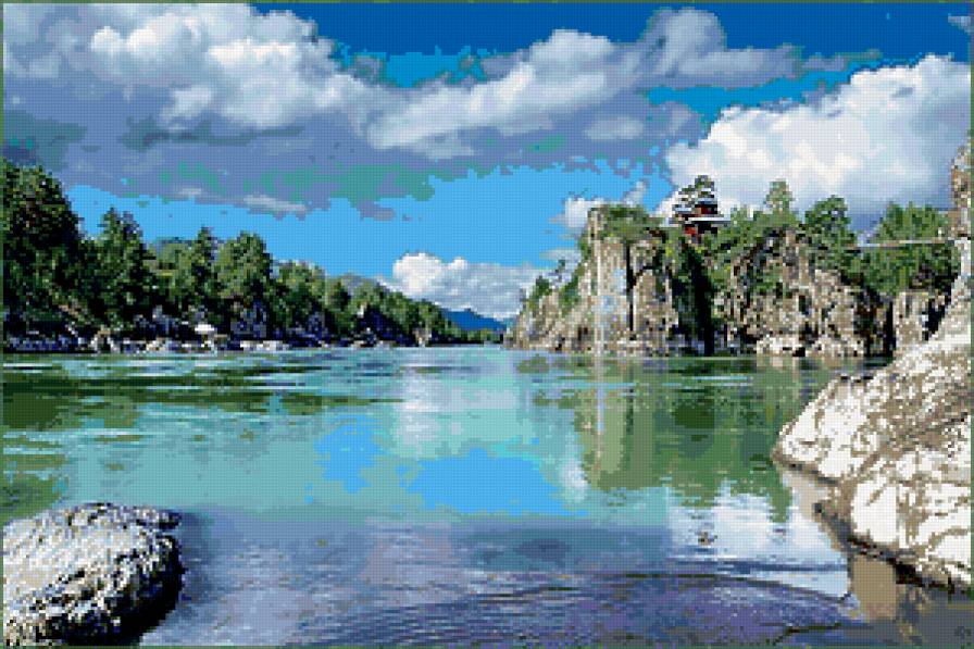 пейзаж - деревья, отражение, река, скалы, пейзаж - предпросмотр