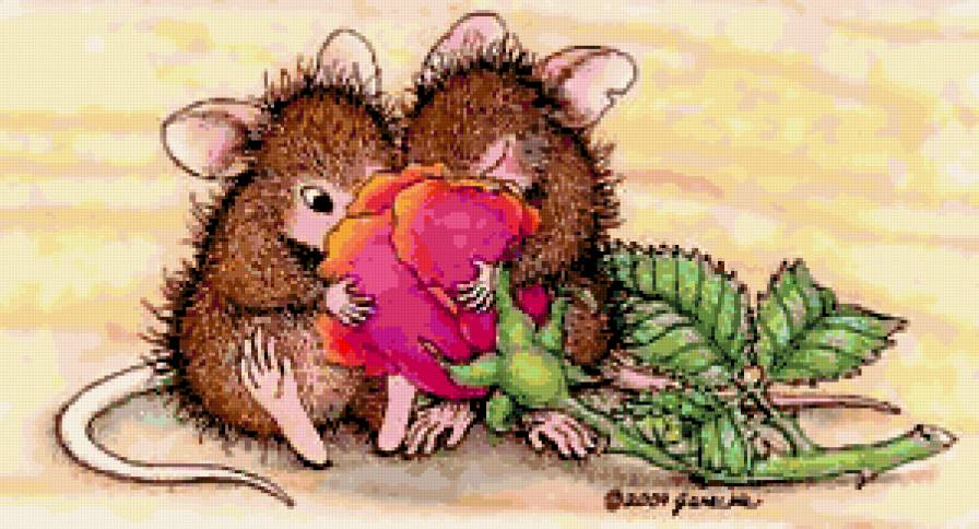Мышки с розой - цветок, мышки, мышь, зверушки, мышка, роза - предпросмотр