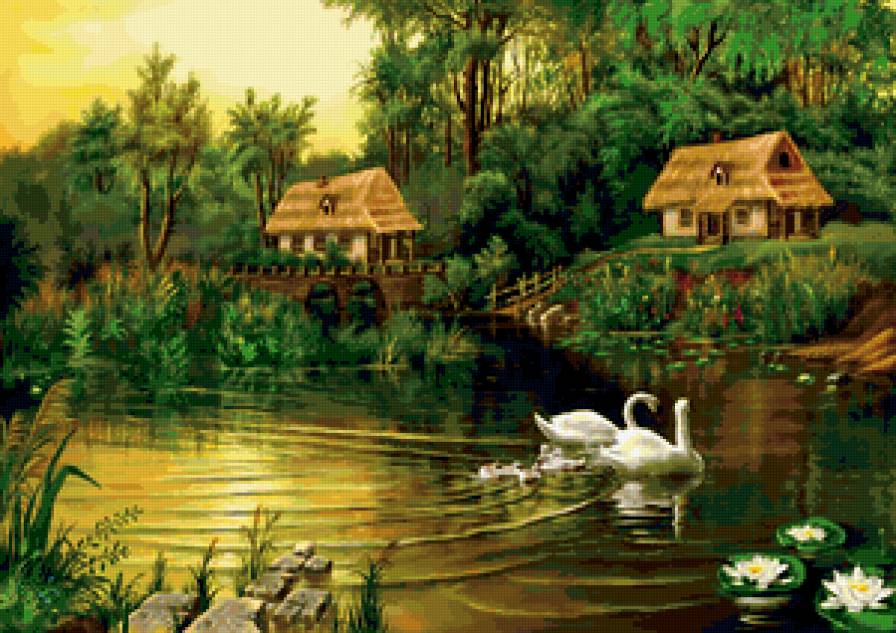Лебеди на прогулке - пруд, домик, озеро, пейзаж, лебедь - предпросмотр