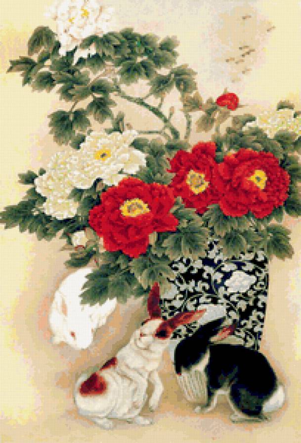 кролики 6 - цветы, ваза, кролики - предпросмотр