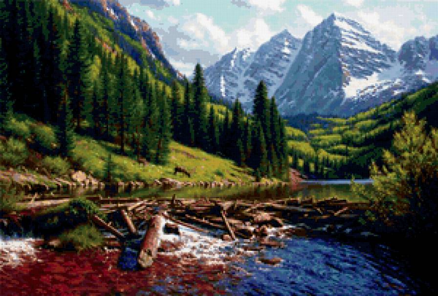 Пейзаж, лес, река, горы - пейзаж, река, горы, лес - предпросмотр
