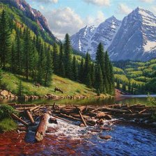 Схема вышивки «Пейзаж, лес, река, горы»