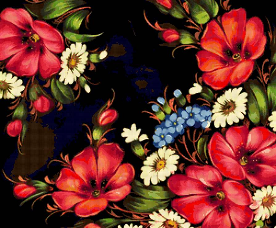 Подушка - жостовская, незабудки, панно, гибискус, цветы, роспись, подушка - предпросмотр