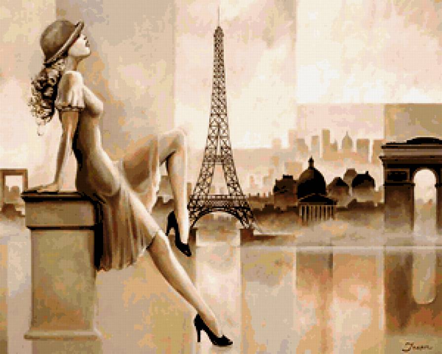 Парижанка - пейзаж, женщина, женщин, дама, модница, парижанка, париж, шляпка - предпросмотр