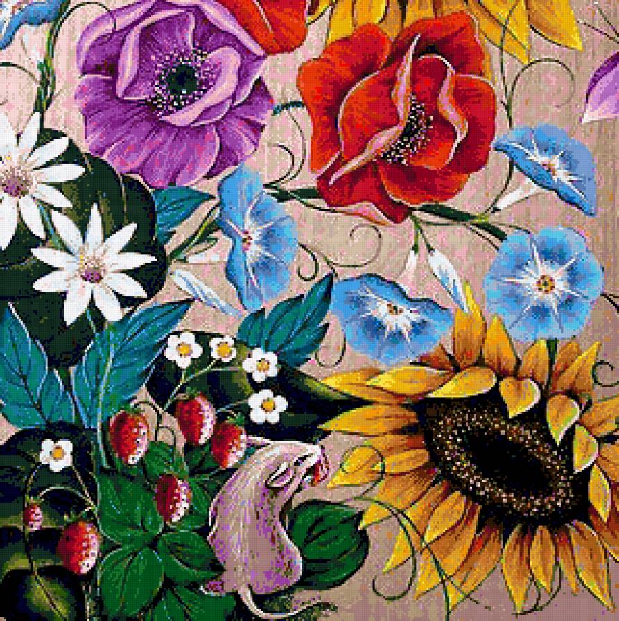 Мышка и цветы - мышки, земляника, мышь, цветы, вьюнок, мышка, подсолнухи - предпросмотр