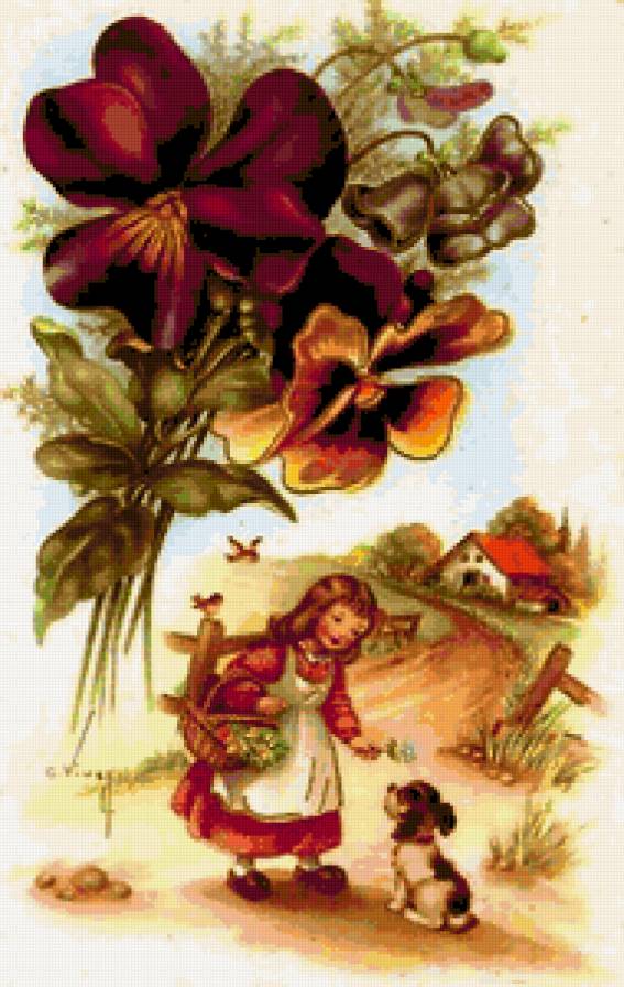 Цветы и детки - ретро, цветы, пейзаж, девочка, дом, дети, собака, анютины глазки - предпросмотр