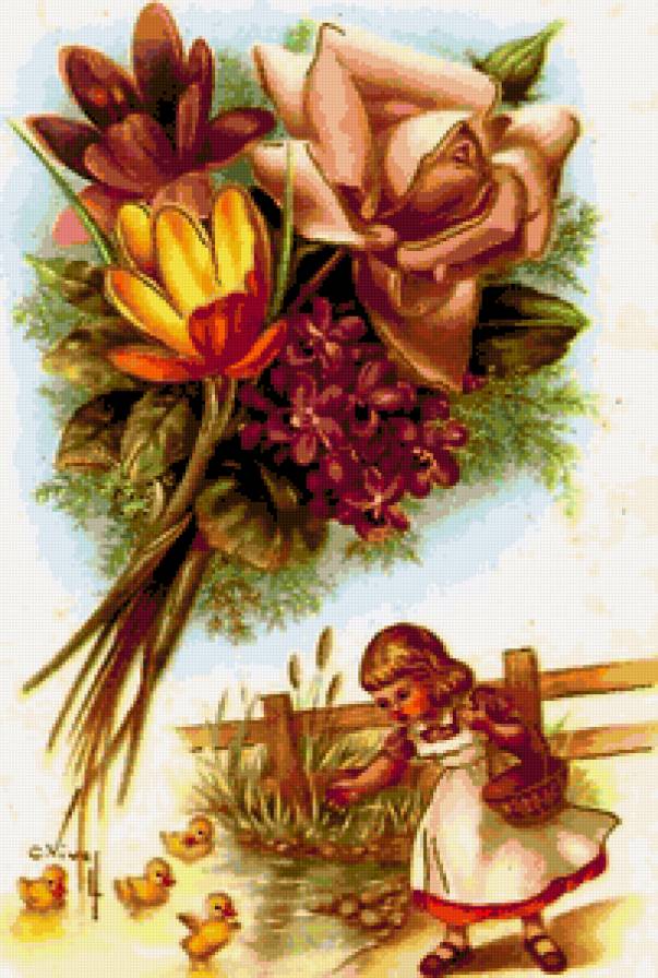 Цветы и детки - розы, ретро, пейзаж, фиалки, цыплята, цветы, дети, девочка - предпросмотр