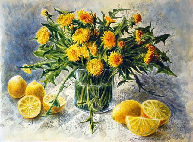№300939 - одуванчики, натюрморт, фрукты, цветы, картина, букет - оригинал