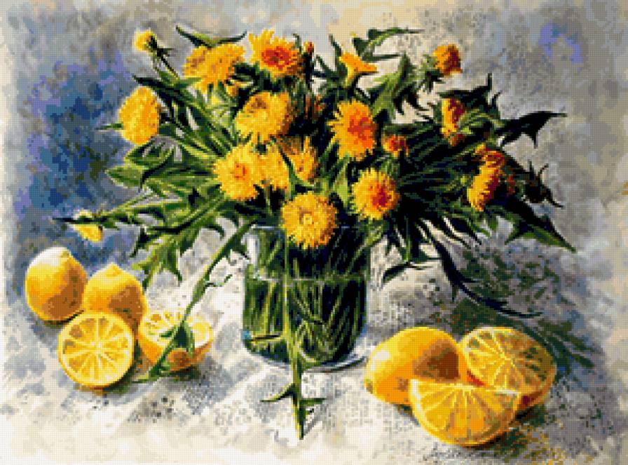 №300939 - цветы, одуванчики, букет, картина, фрукты, натюрморт - предпросмотр