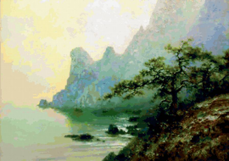 побережье - дерево, вода, солнце, штиль, берег, побережье, море, горы, сосна - предпросмотр