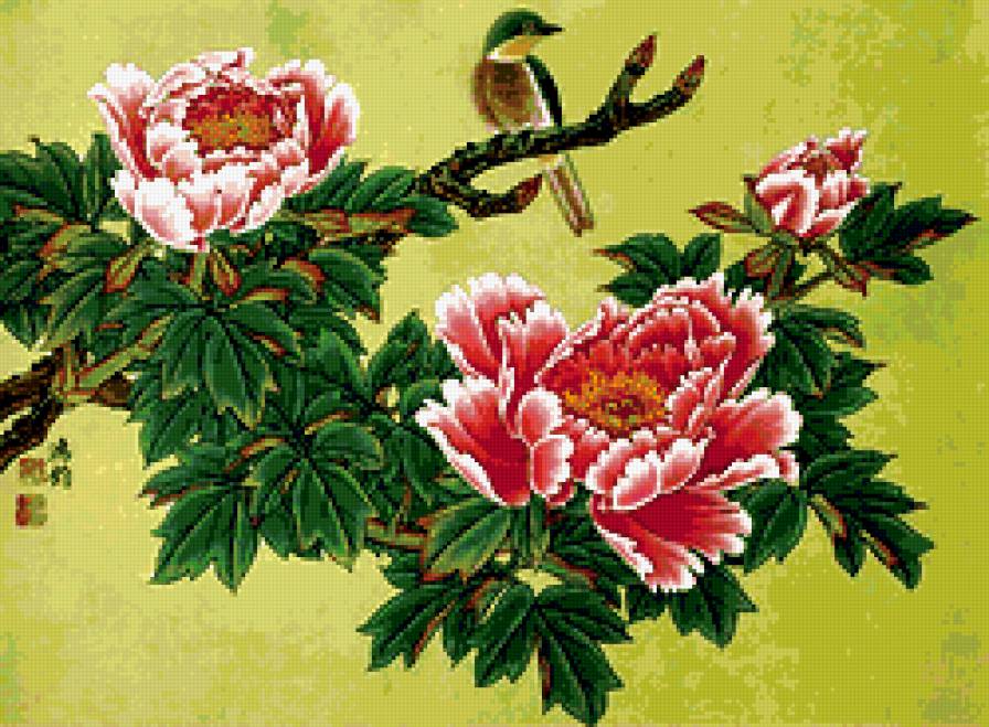 подушка - цветы, птица, подушка, пион - предпросмотр