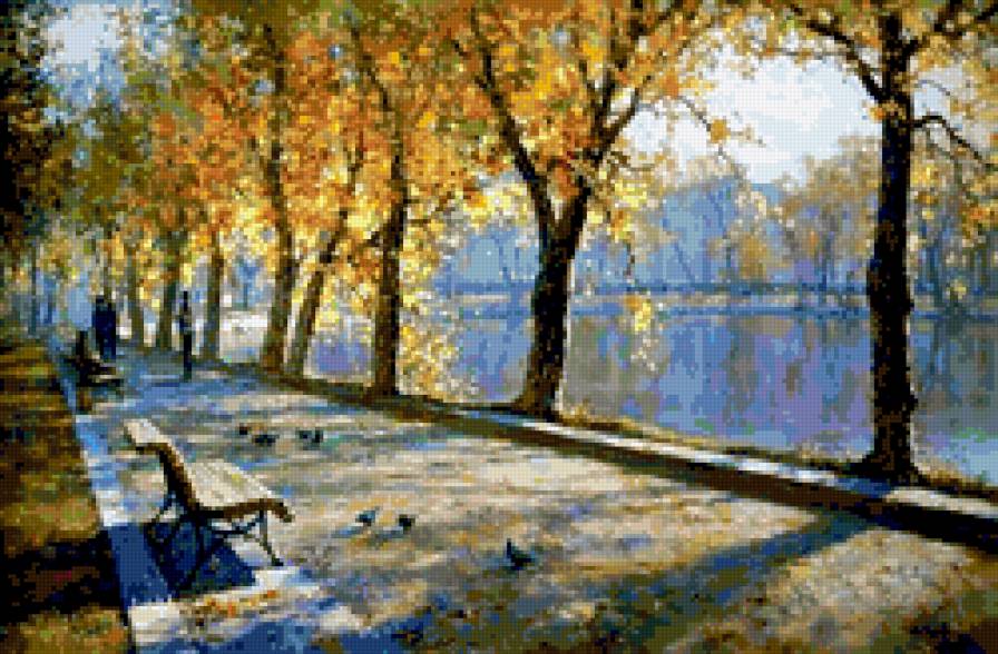 парк осенью - солнечный день, парк, осень, вода, акварель, набережная - предпросмотр