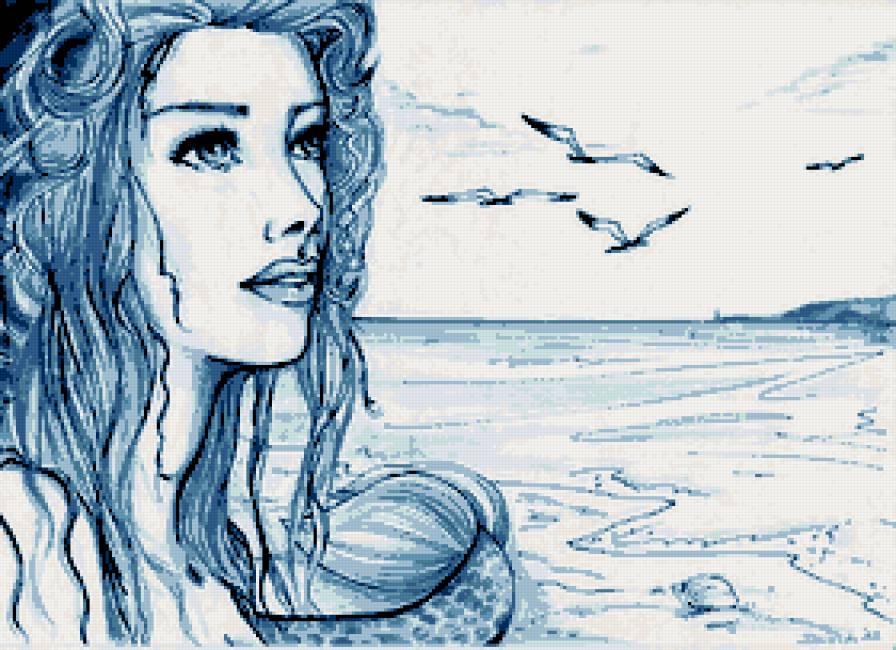 русалка - монохром, миф, карандаш, мифология, портрет, образ, море, девушка - предпросмотр