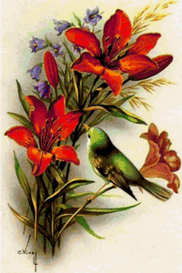 Цветы и птички - птицы, птичка, птица, лилия, ретро, винтаж, цветы, лилии, флора - предпросмотр